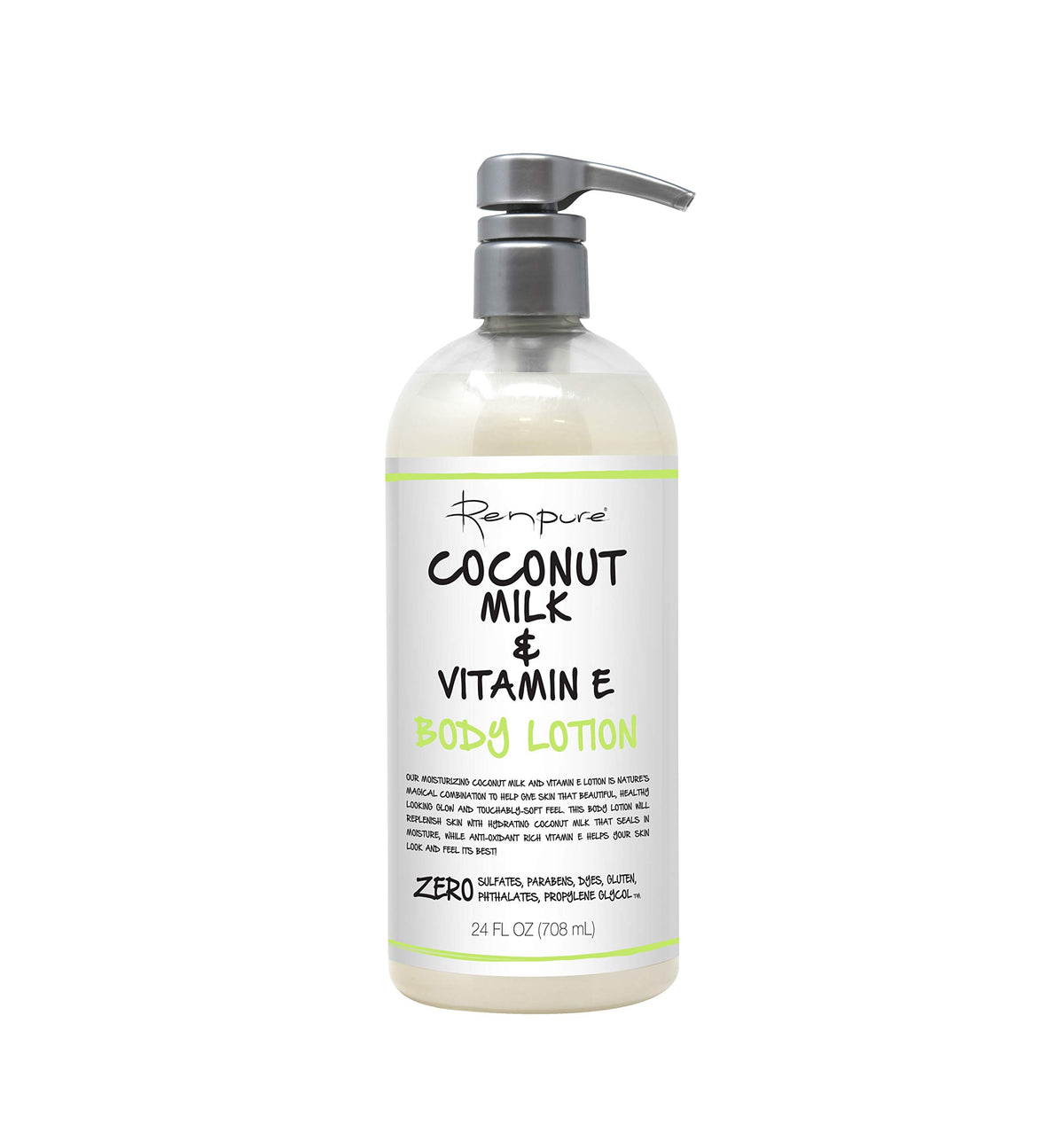 Renpure Coconut Milk & Vitamin E Lotion jar shows rich moisture for soft skin.