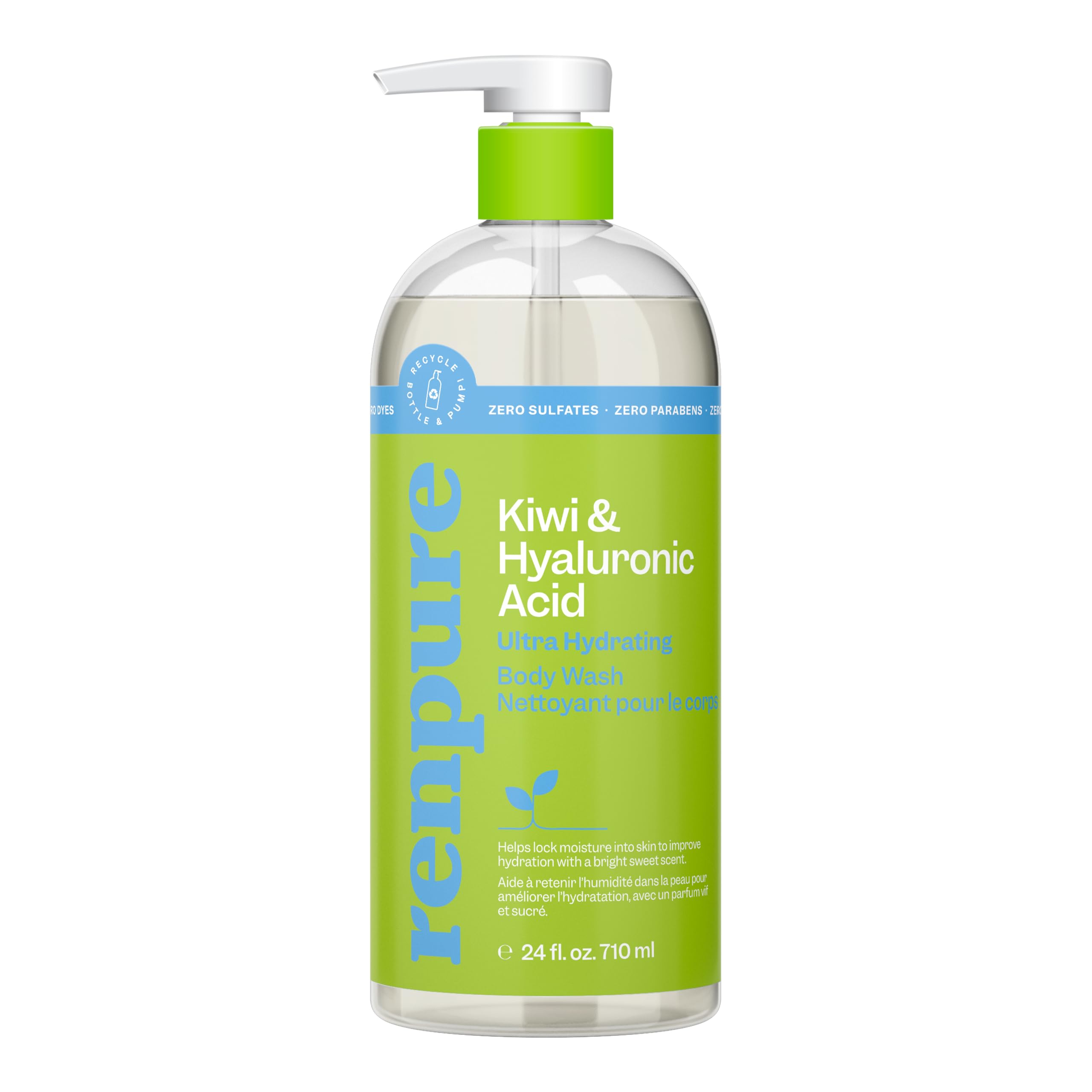 Renpure Kiwi Hyaluronic Body Wash pump bottle shows recyclable packaging for easy hydration