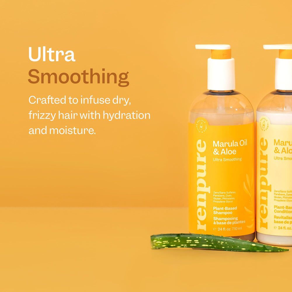 Renpure marula oil aloe shampoo for dry frizzy hair shows smoothing and moisture.
