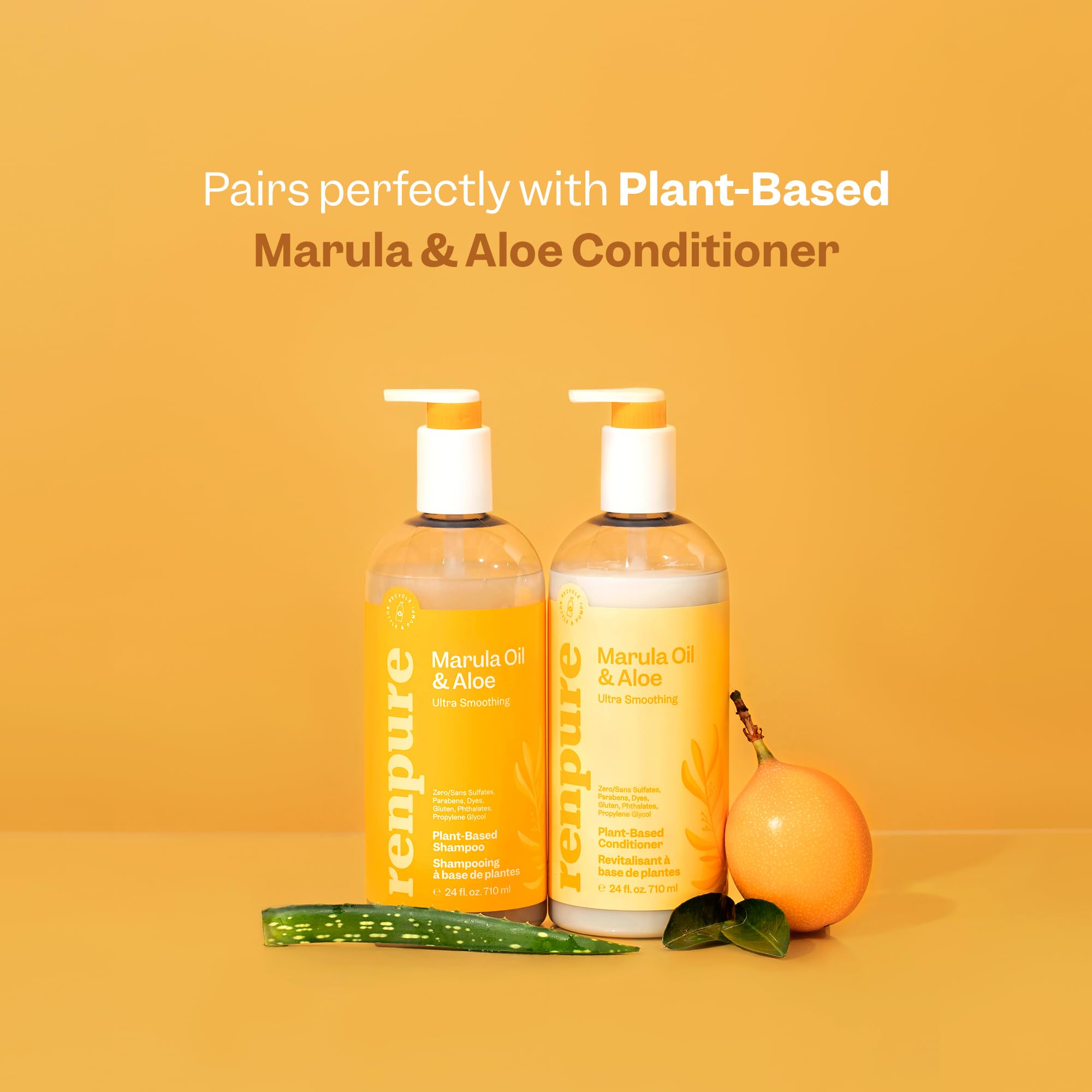Renpure marula oil aloe shampoo ingredients highlight marula oil benefits and aloe hydration.