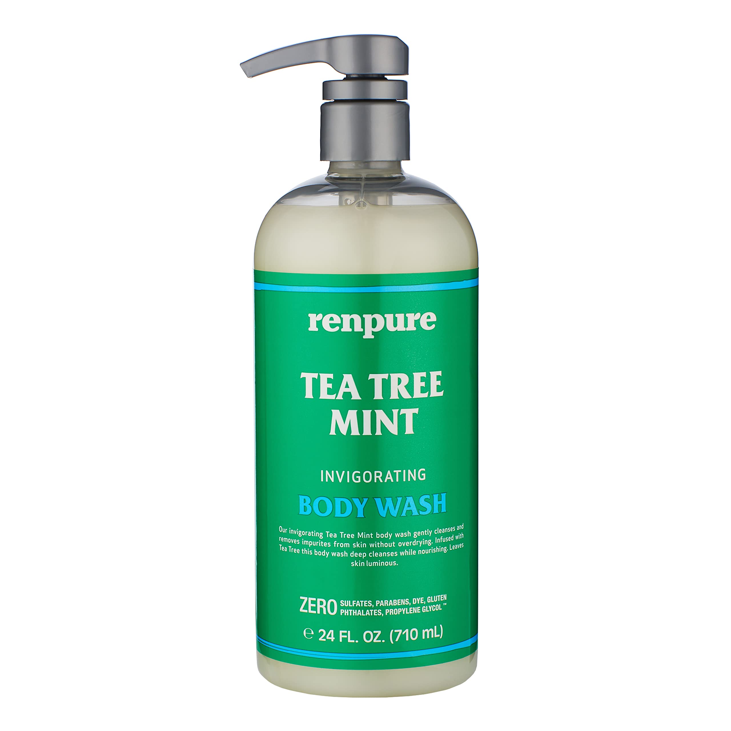 RENPURE Original Tea Tree Peppermint Body Wash bottle pump delivers refreshing cleansing for dry skin