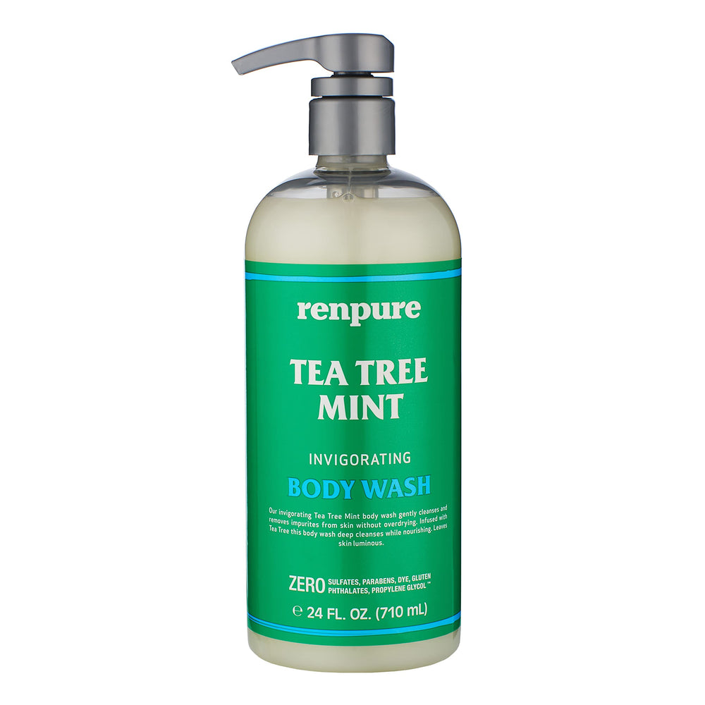 RENPURE Original Tea Tree Peppermint Body Wash bottle pump delivers refreshing cleansing for dry skin