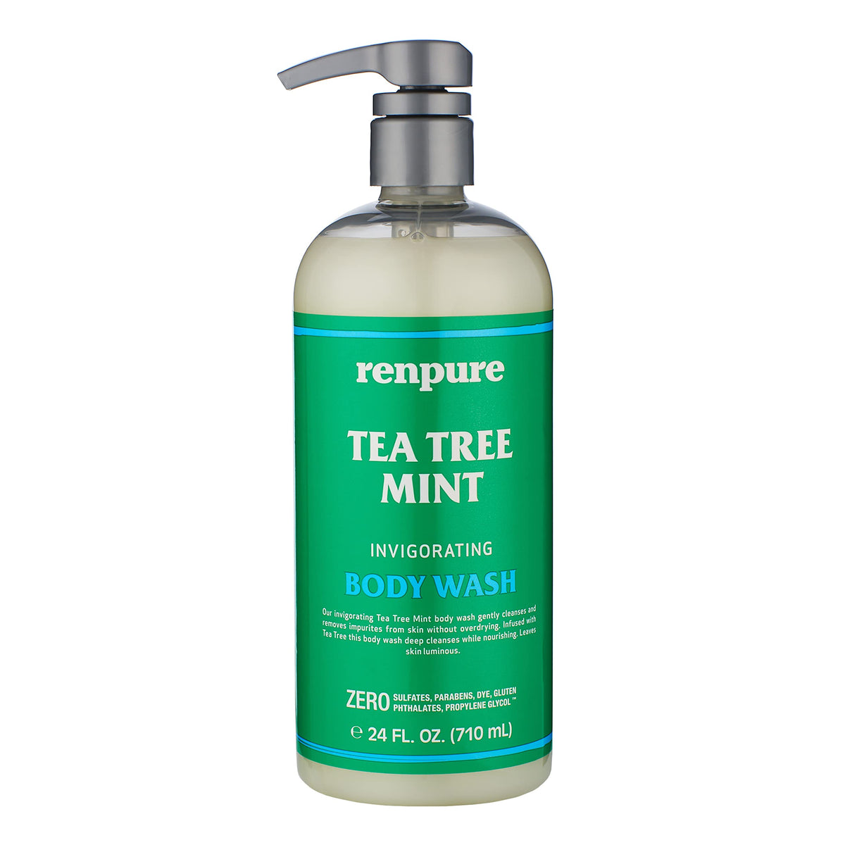 RENPURE Original Tea Tree Peppermint Body Wash bottle pump delivers refreshing cleansing for dry skin