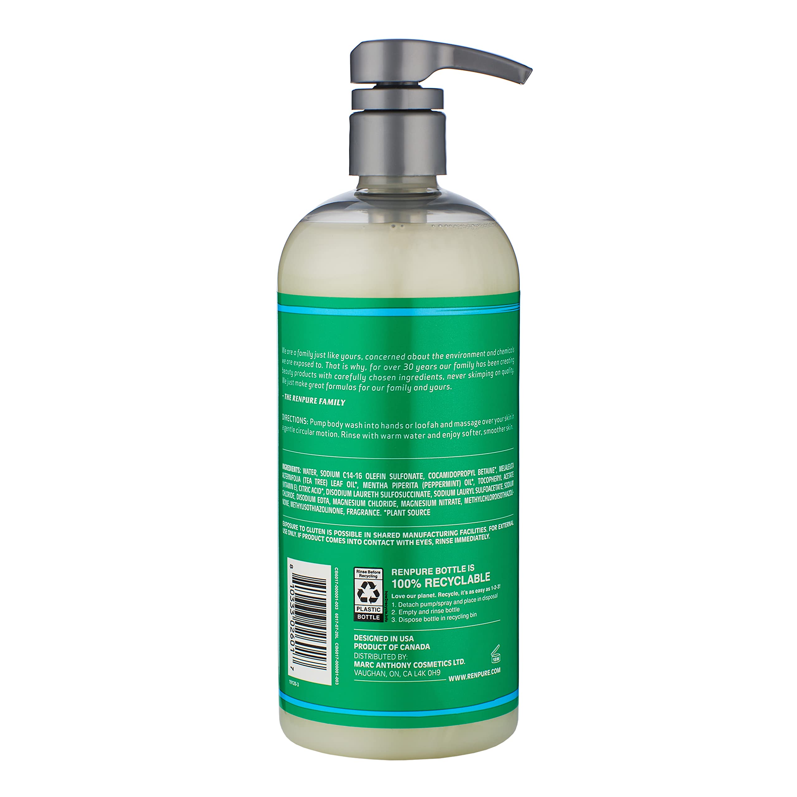 RENPURE Original Tea Tree Peppermint Body Wash pump dispense image illustrates mess free daily use