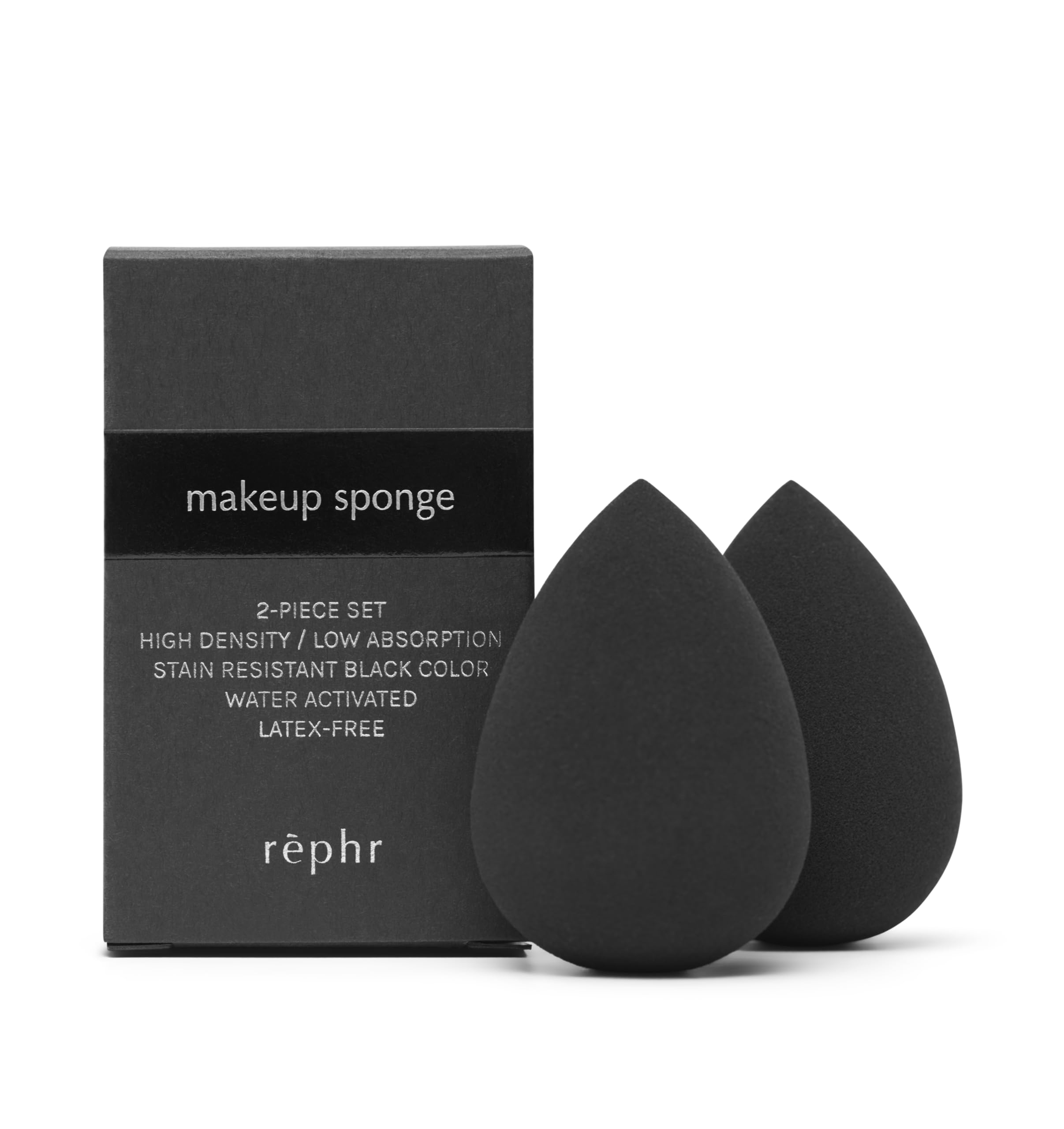 rephr makeup sponge two-count pack shows stain-resistant black design for easy cleaning.