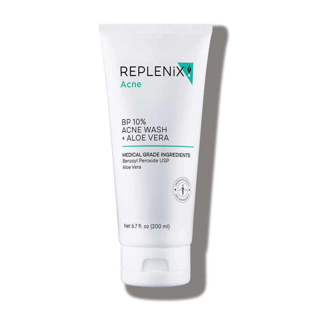Replenix benzoyl peroxide face wash bottle for clear pores and balanced skin.