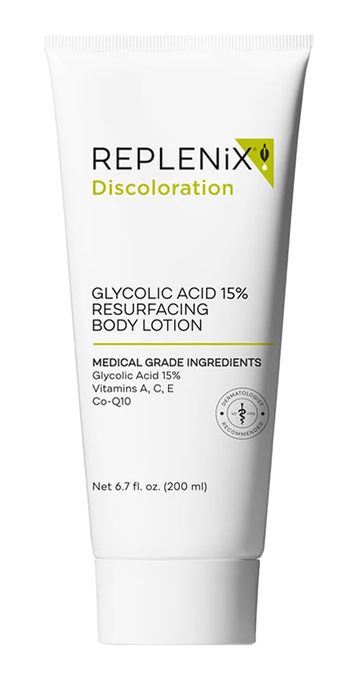Replenix Glycolic 15% bottle closeup highlighting exfoliating formula for smoother skin