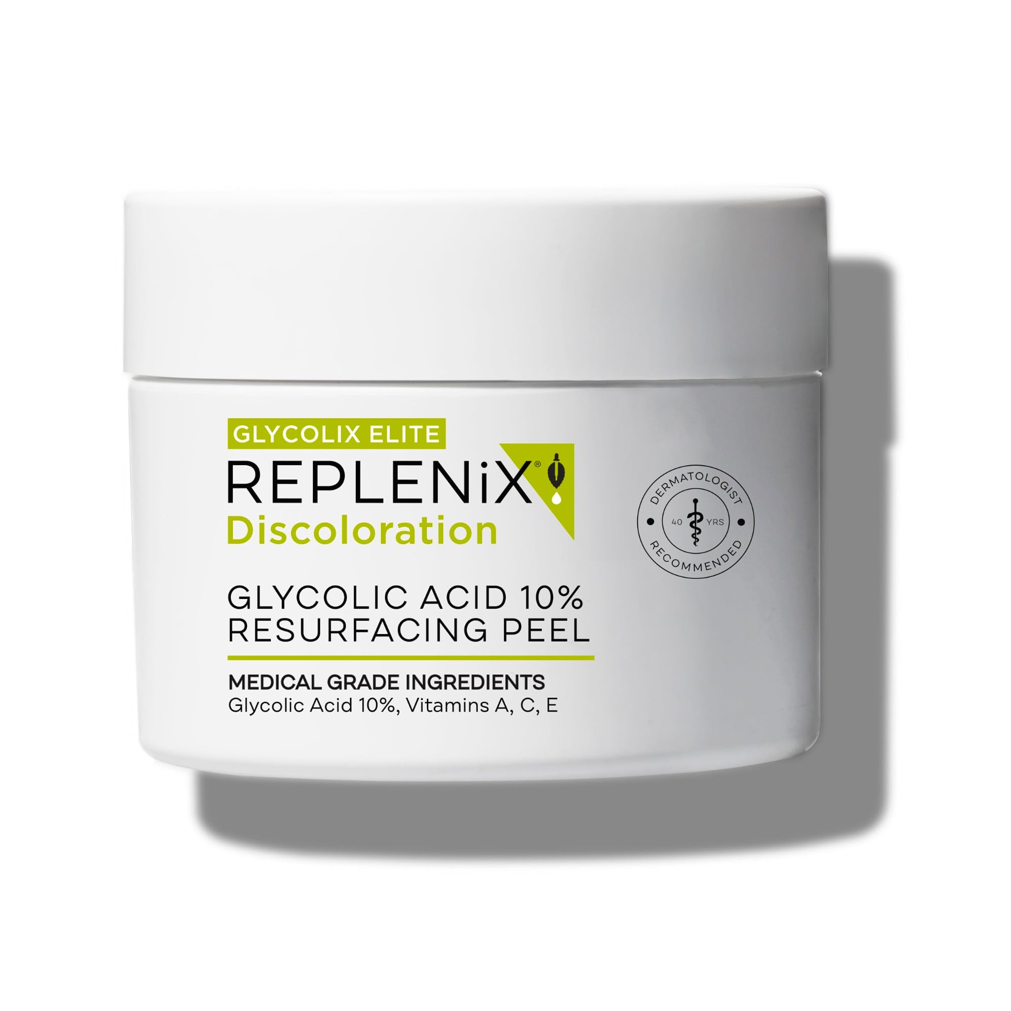 Replenix Glycolic Acid 10% pads packaging close-up promotes even-tone potential