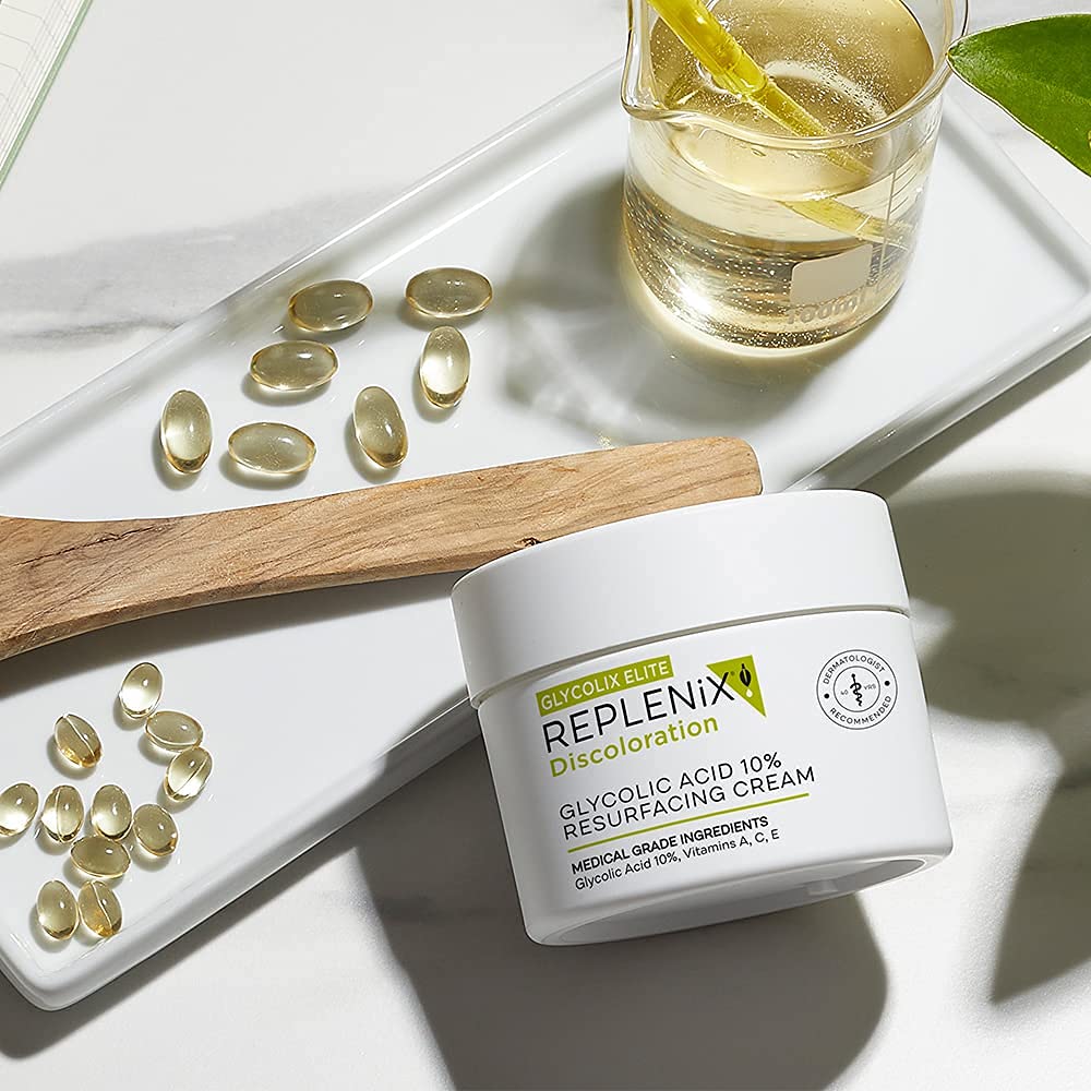 Packaging insert for Replenix Glycolic Acid 10% cream emphasizing medical-grade formula