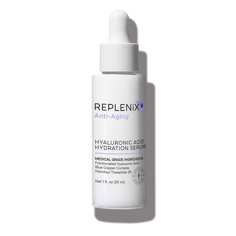 Replenix Pure Hydration Serum bottle showcases the hydrating formula for a plump, smooth complexion.