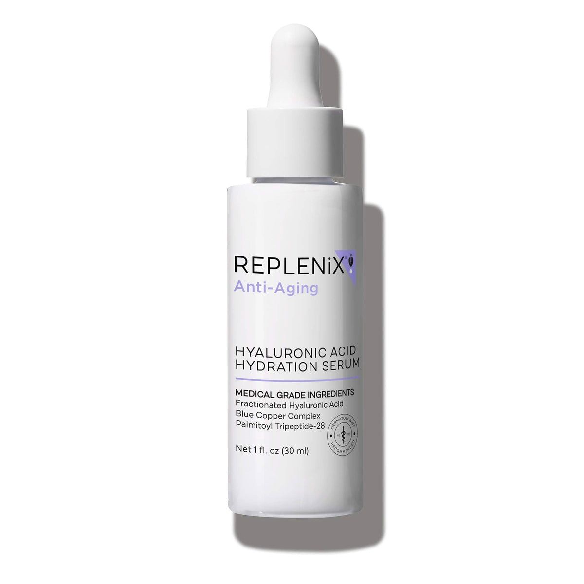 Replenix Pure Hydration Serum bottle showcases the hydrating formula for a plump, smooth complexion.