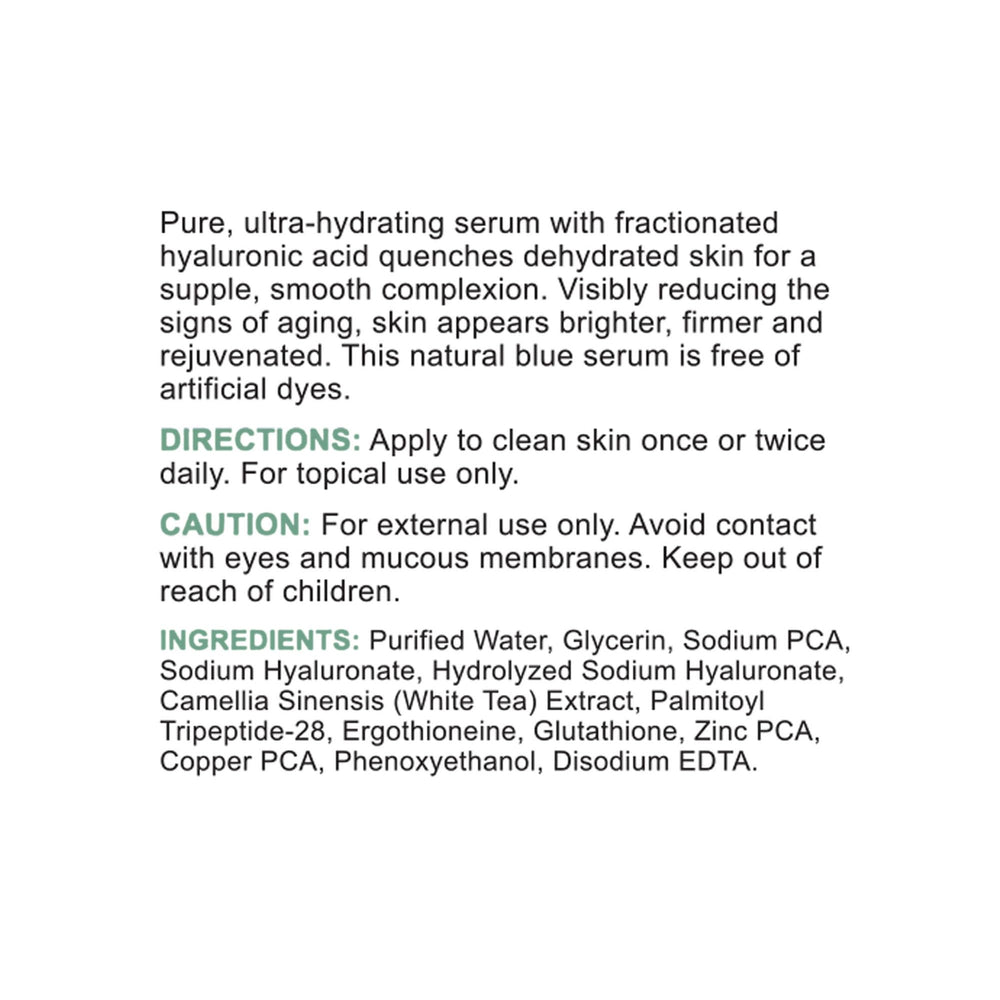 Close-up of Replenix Pure Hydration Serum ingredients label and safe packaging.