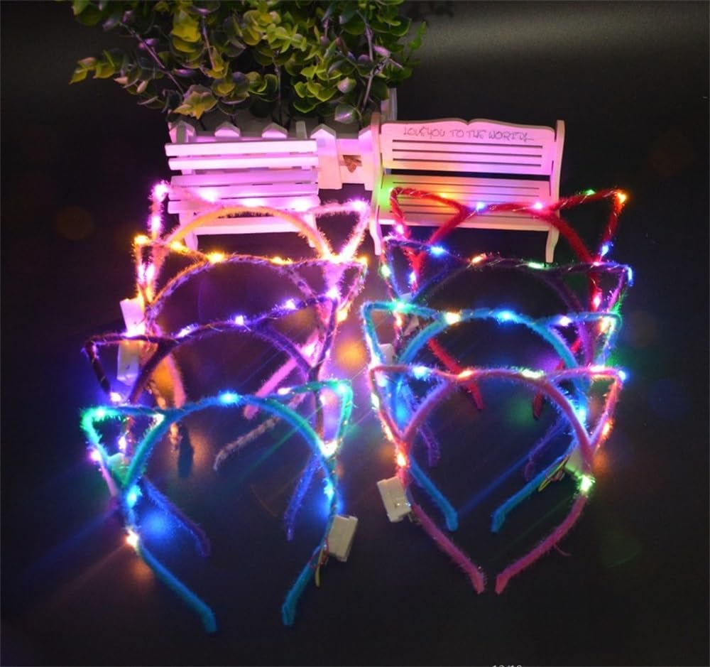 REQO LED cat ears headband worn on model for night glow