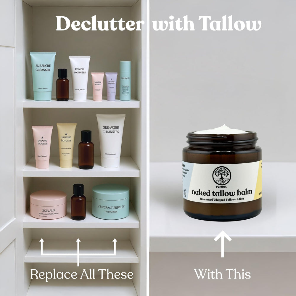 Reroot Organics Naked Tallow Balm highlighting 100 percent beef tallow ingredients.