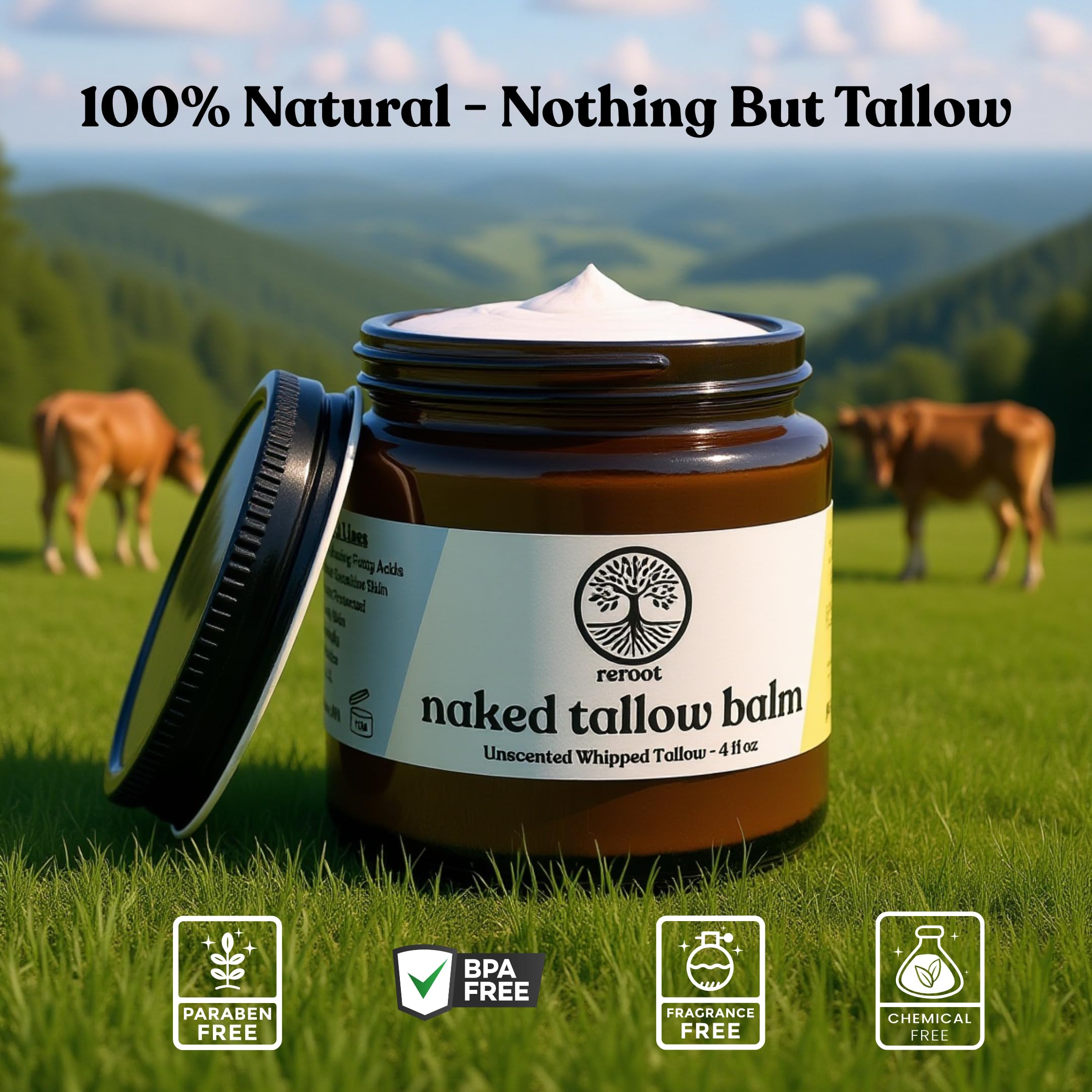 Reroot Organics Naked Tallow Balm unscented jar showing clean formula.