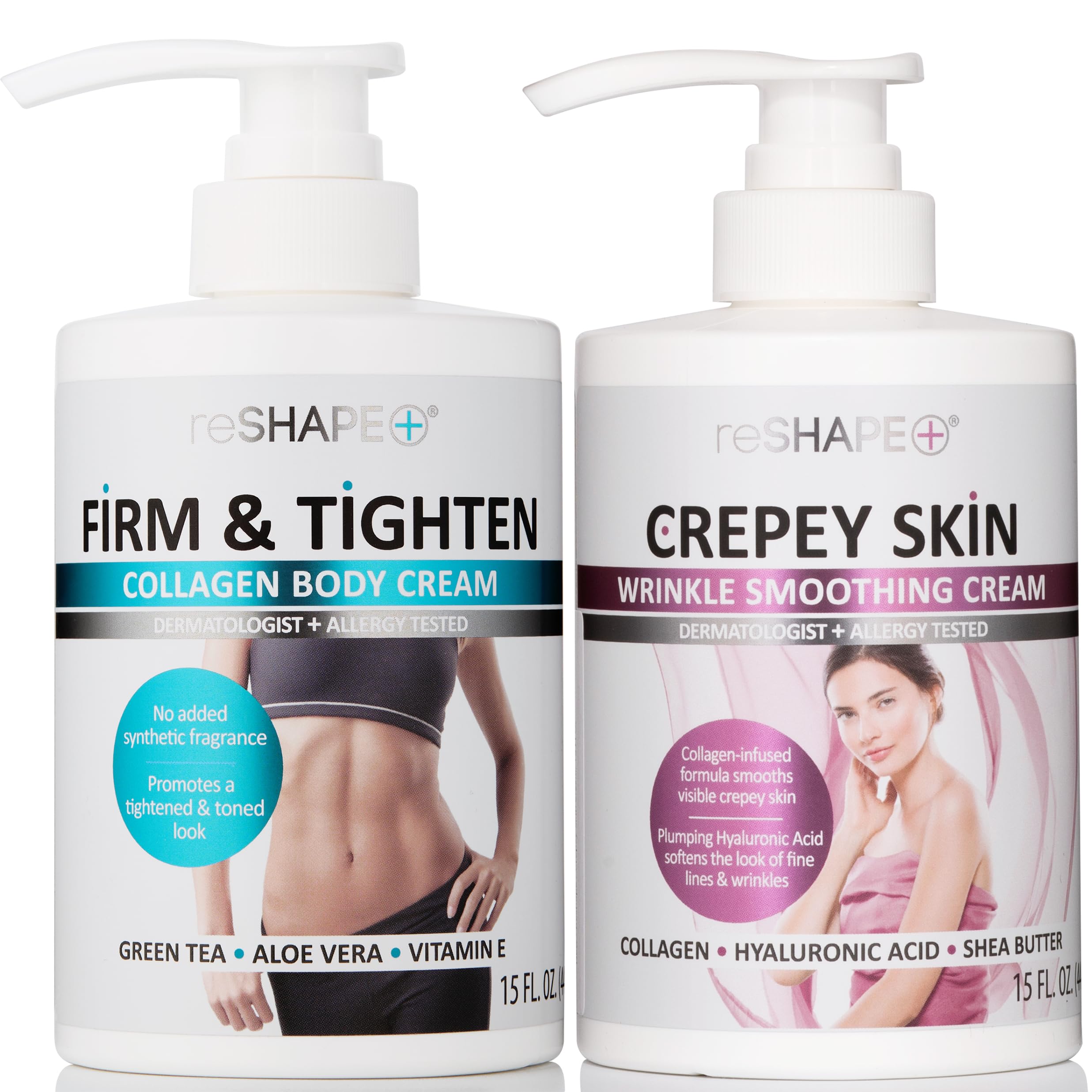 Reshape+ collagen body cream packaging with dual bottles for at-home hydration