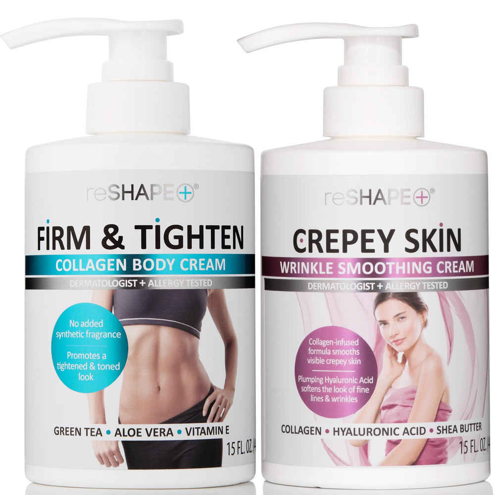 Reshape+ collagen body cream packaging with dual bottles for at-home hydration