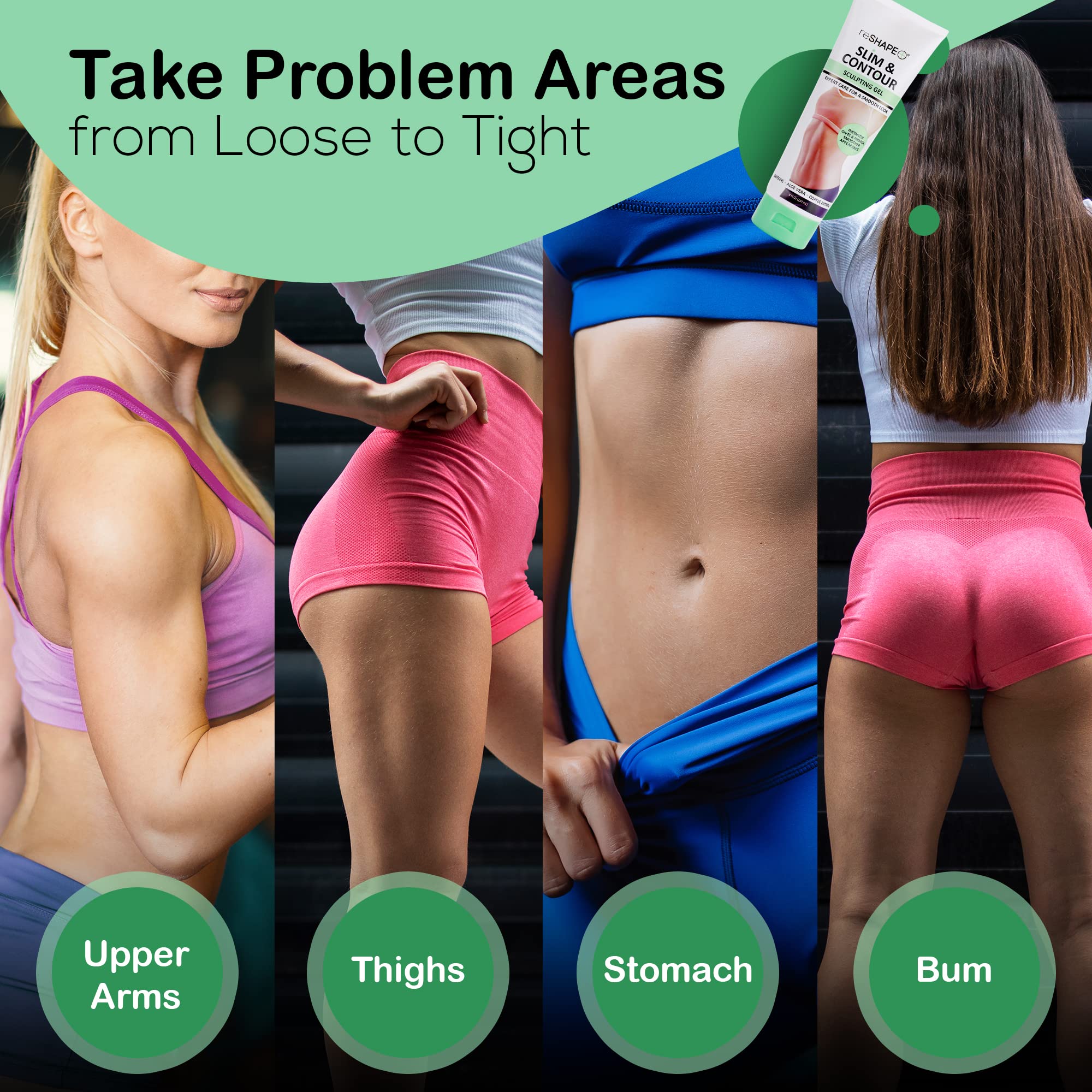 Reshape+ firming cream applied to tummy area hints at smoother skin