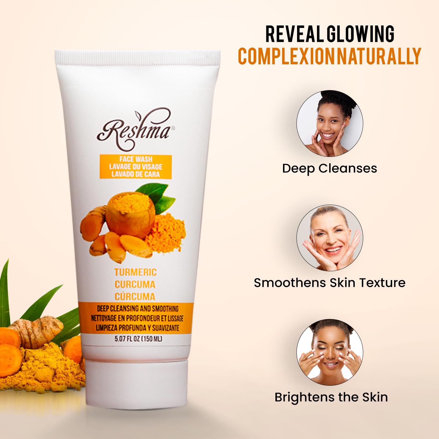 Reshma Beauty Limpiador Curcuma, piel después de la limpieza, suave y fresca.