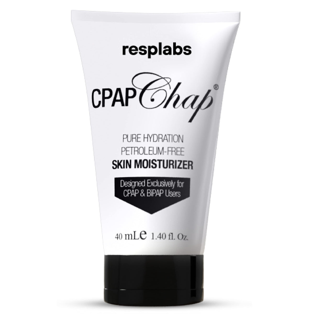 RespLabs CPAP Chap bottle front shows a petroleum-free formula for comfortable wear.