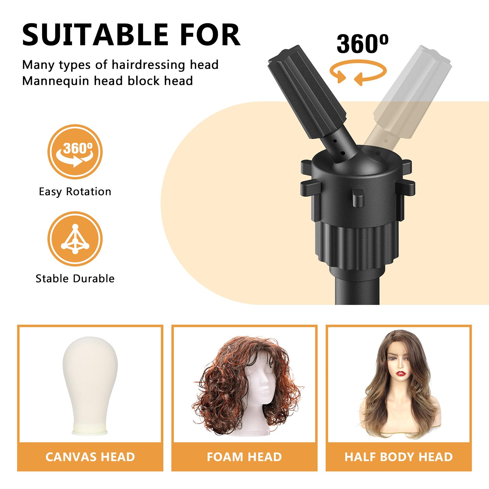 Retbtnm Wig Head Stand rotates and tilts for flexible styling angles