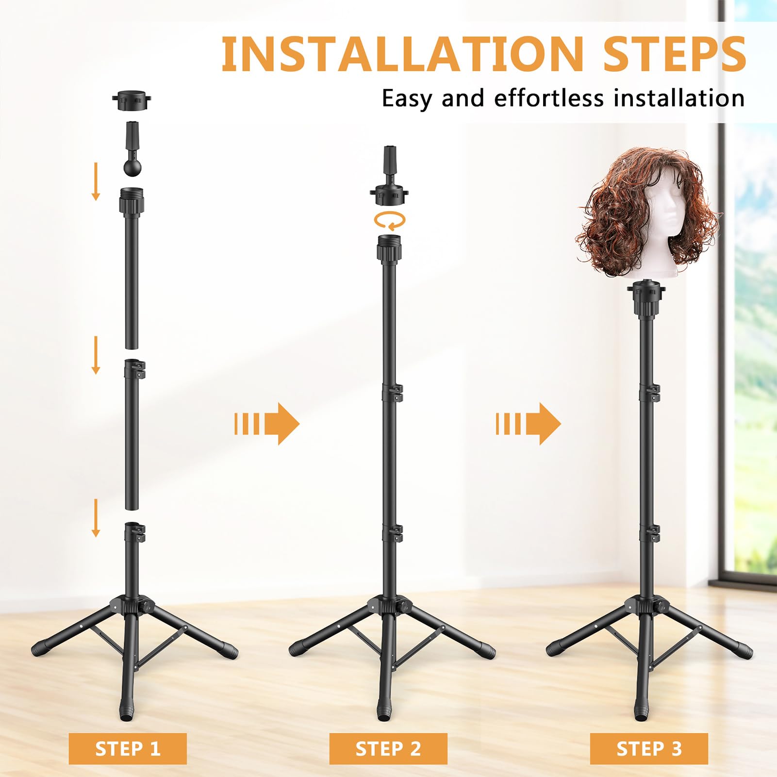 Retbtnm Wig Head Stand rotates and tilts for flexible styling angles