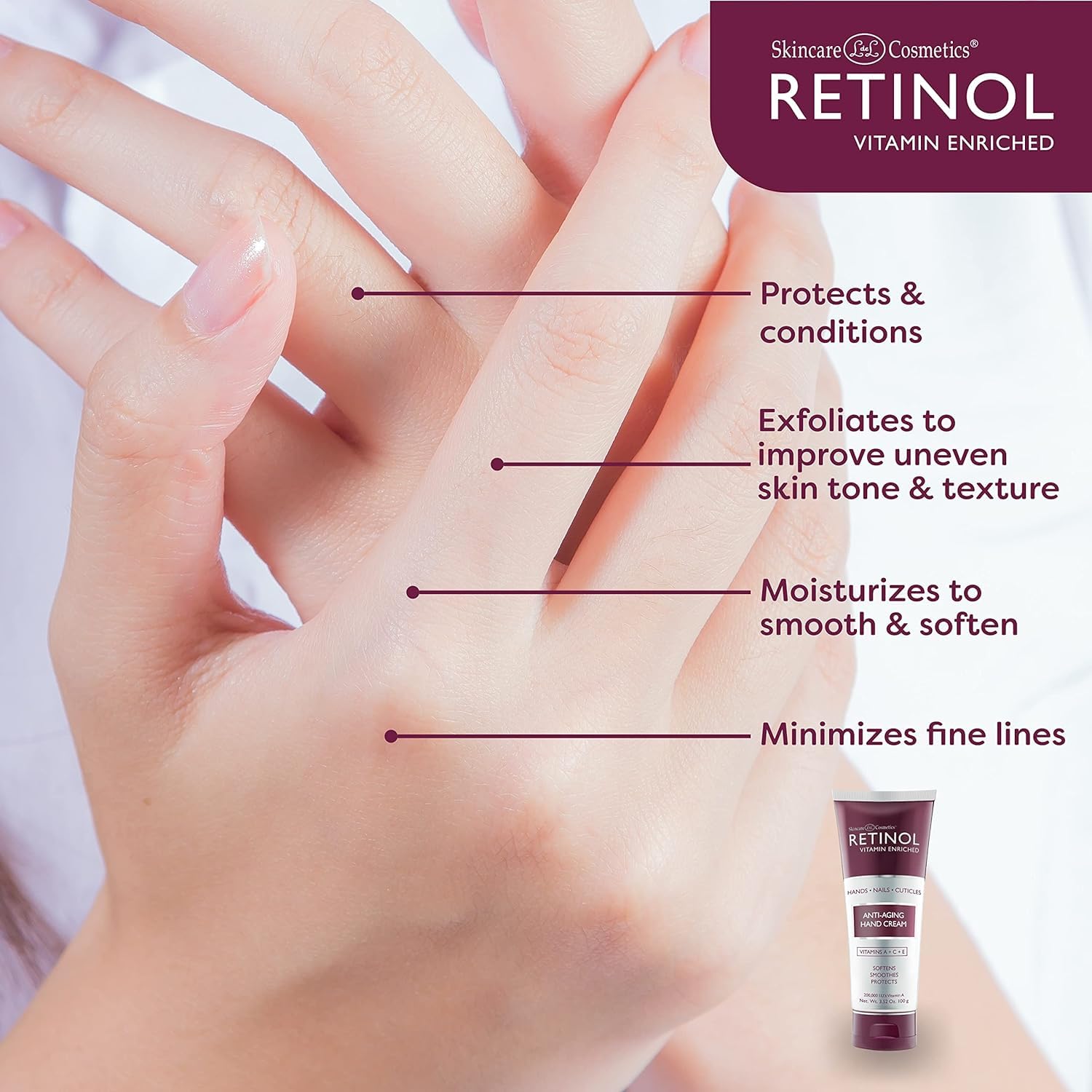 Retinol anti-aging hand cream texture close-up highlights rich, non-greasy hydration