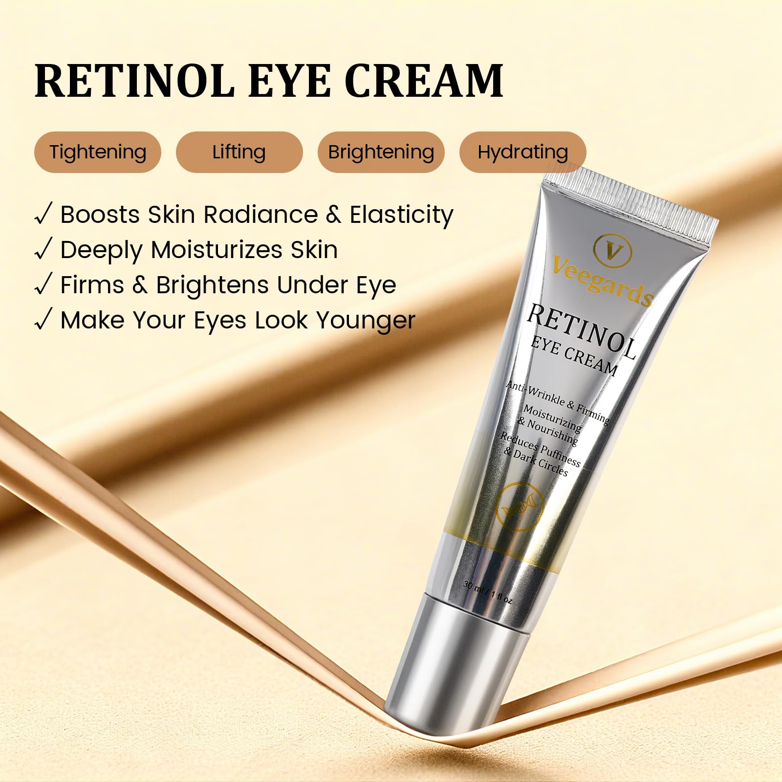 Retinol Eye Cream tube close-up demonstrates smooth texture ideal for quick absorption.