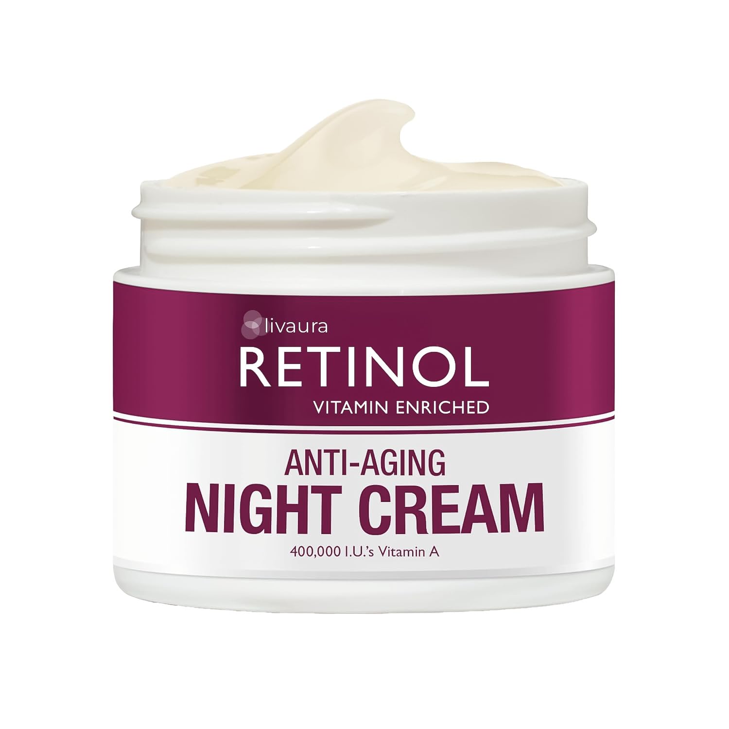 Retinol LIVAURA night cream jar on dresser for overnight renewal.