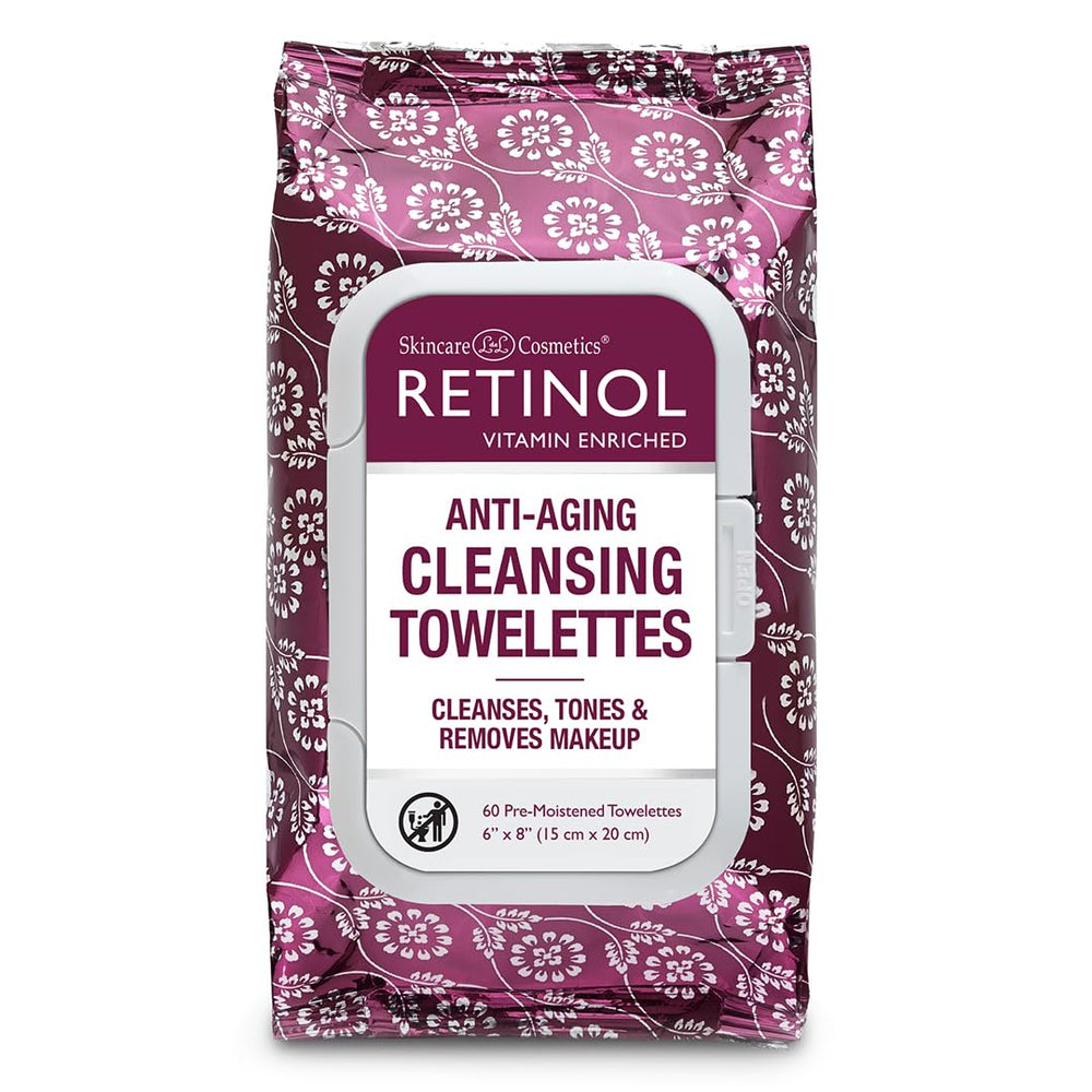 Retinol LIVAURA towelettes front-pack angled for on-the-go cleansing and makeup removal.