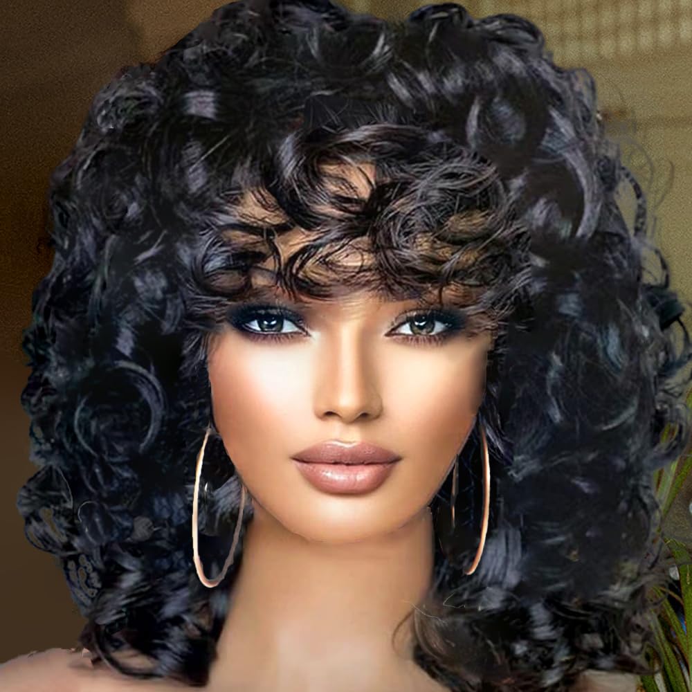 Retoleca short curly wig with bangs provides natural-black 14-inch volume for daily looks.