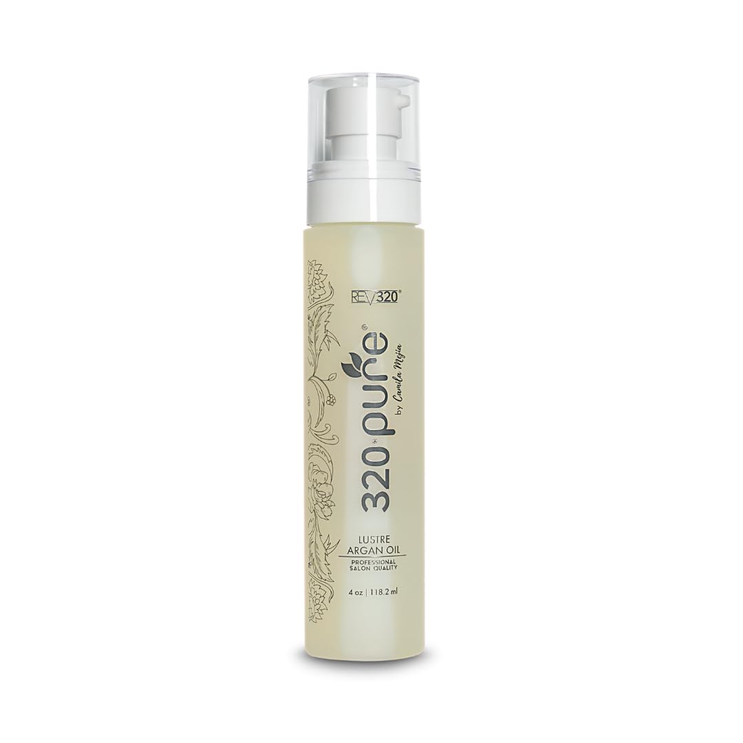 Rev320 320Pure Lustre Argan Oil bottle pump delivers lightweight hydration for all hair types.