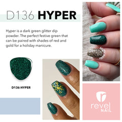 Revel Nail Dip Powder green bottle highlights vegan, low-odor formula.