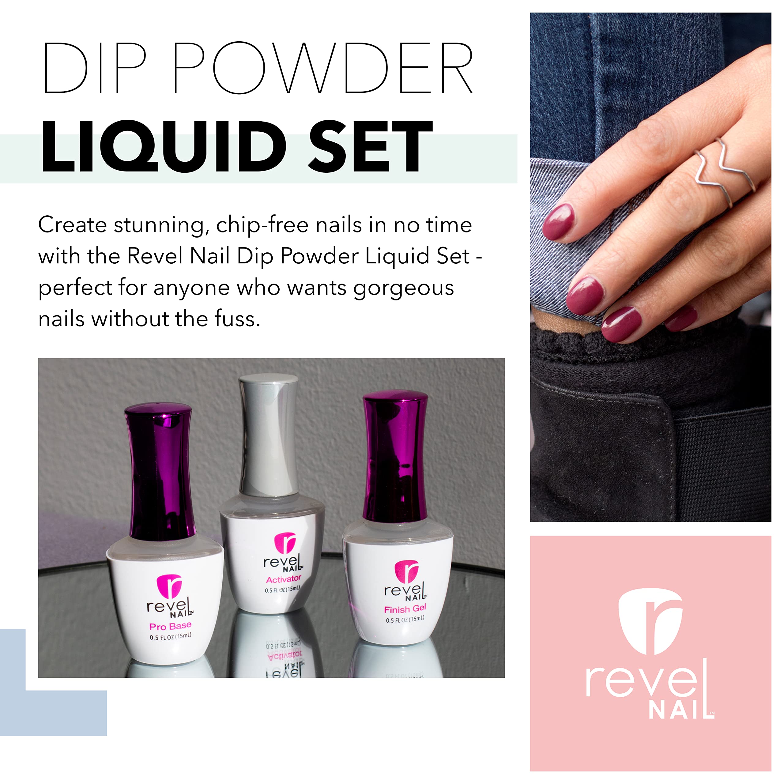 Revel Nail Dip Powder Liquid Set activator enables durable dip results.