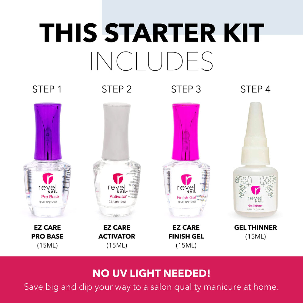 Revel Nail Dip Powder Liquid Set finish gel adds high shine and protection.