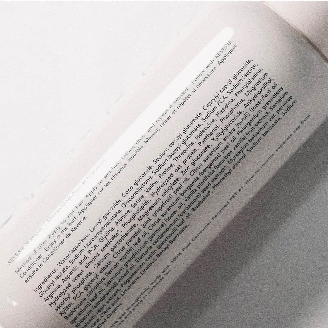 REVERIE Natural Balancing Shampoo ingredients sugar cane coconut—lather that preserves moisture.