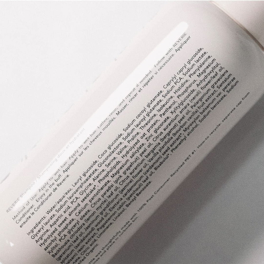 REVERIE Natural Balancing Shampoo ingredients sugar cane coconut—lather that preserves moisture.