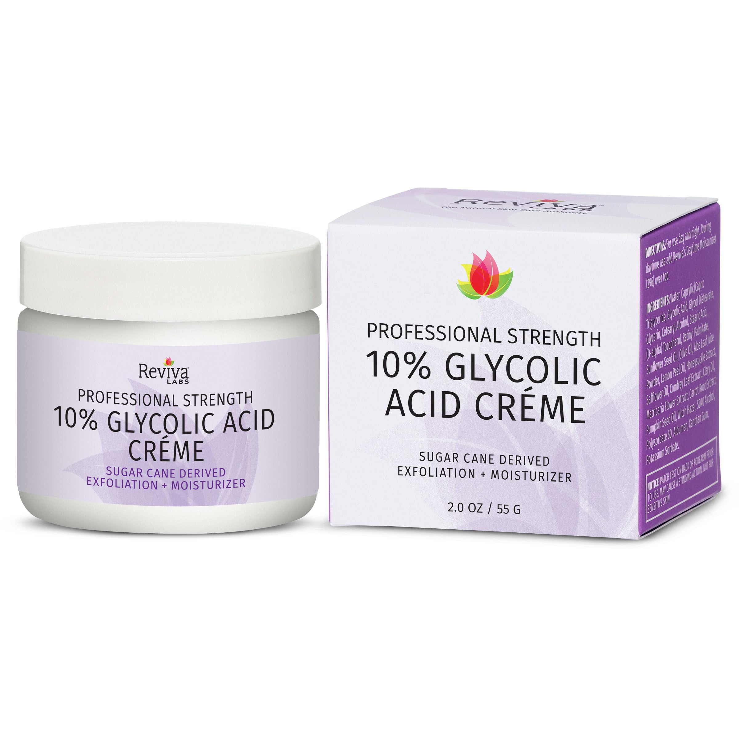 Reviva Labs glycolic acid creme bottle with pump for gentle exfoliation.