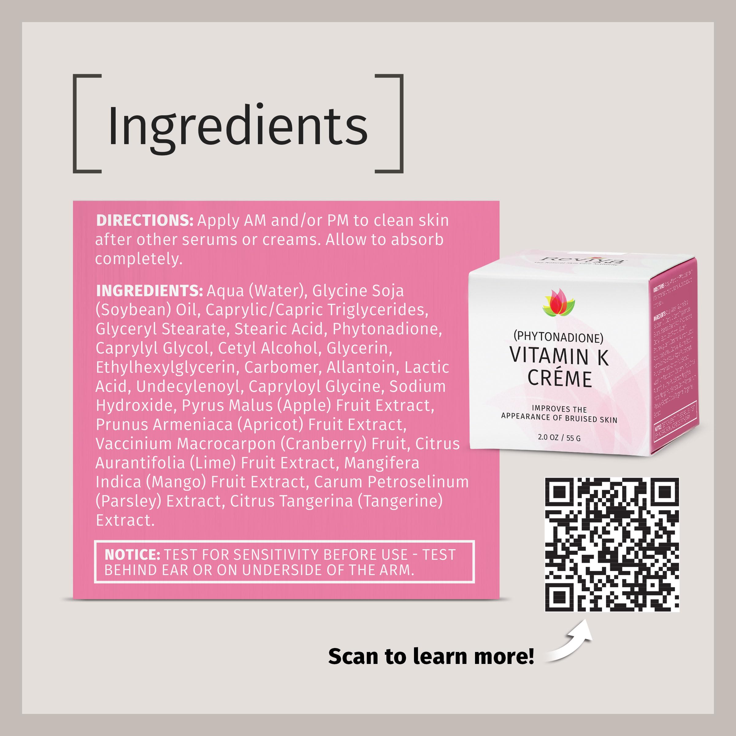 Packaging display of Reviva Labs Vitamin K Creme with ingredient highlights