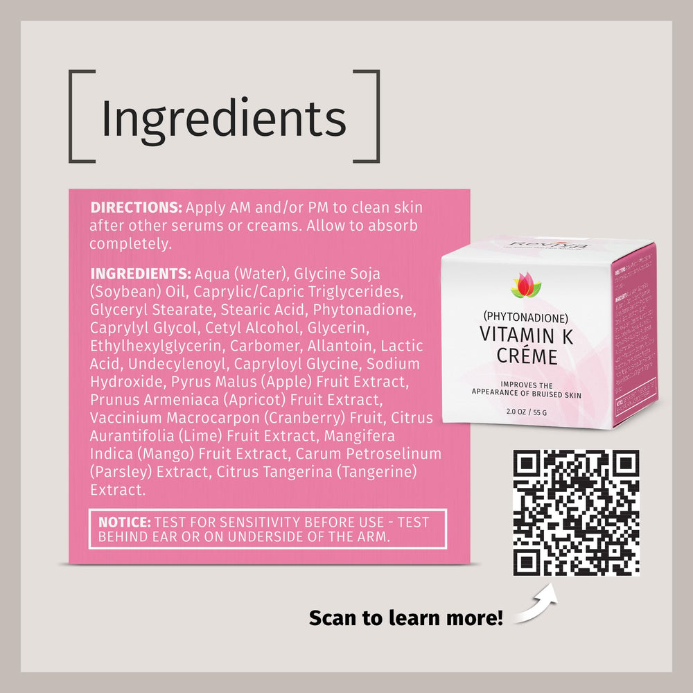 Packaging display of Reviva Labs Vitamin K Creme with ingredient highlights