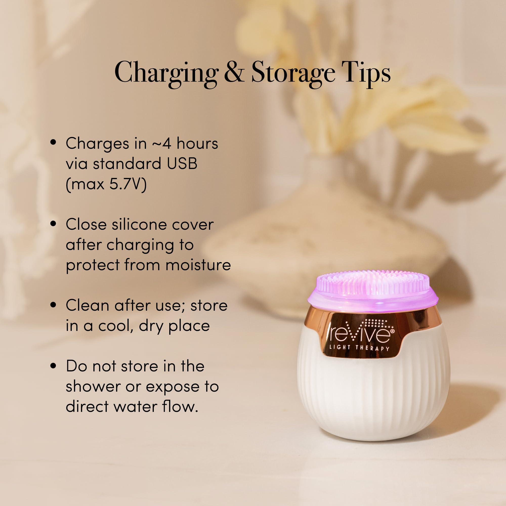 Revive Light Therapy Soniqué Mini USB charging dock keeps the device powered between uses.