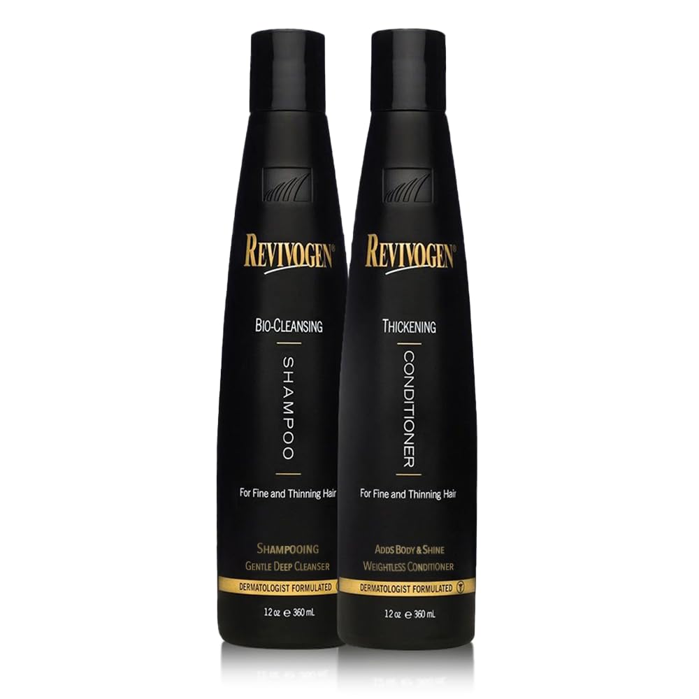 Revivogen MD Bio-Cleansing Shampoo bottle highlights 12oz size for gentle, DHT‑addressing scalp cleansing.
