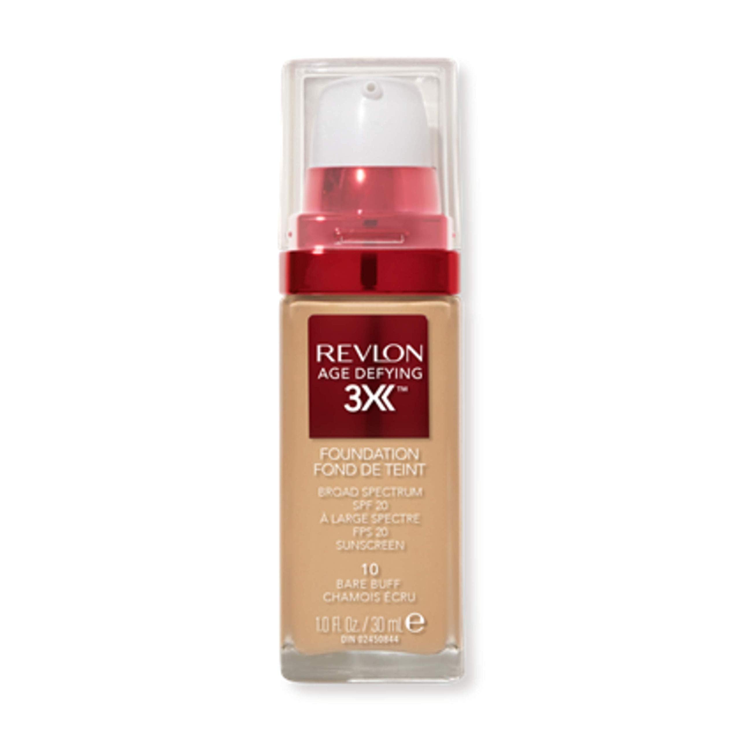 Revlon Age Defying 3X foundation bottle close-up emphasizes anti-aging formula.