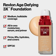 Revlon Age Defying 3X foundation swatch in Bare Buff shows shade match.
