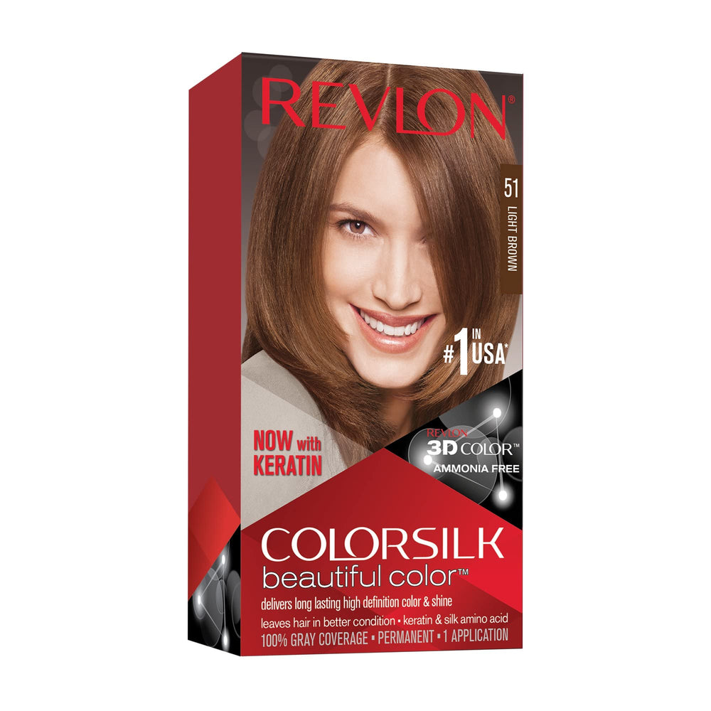 Revlon Colorsilk 51 Light Brown box shows six-pack kit for at-home color with gray coverage