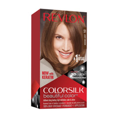 Revlon Colorsilk 51 Light Brown box shows six-pack kit for at-home color with gray coverage