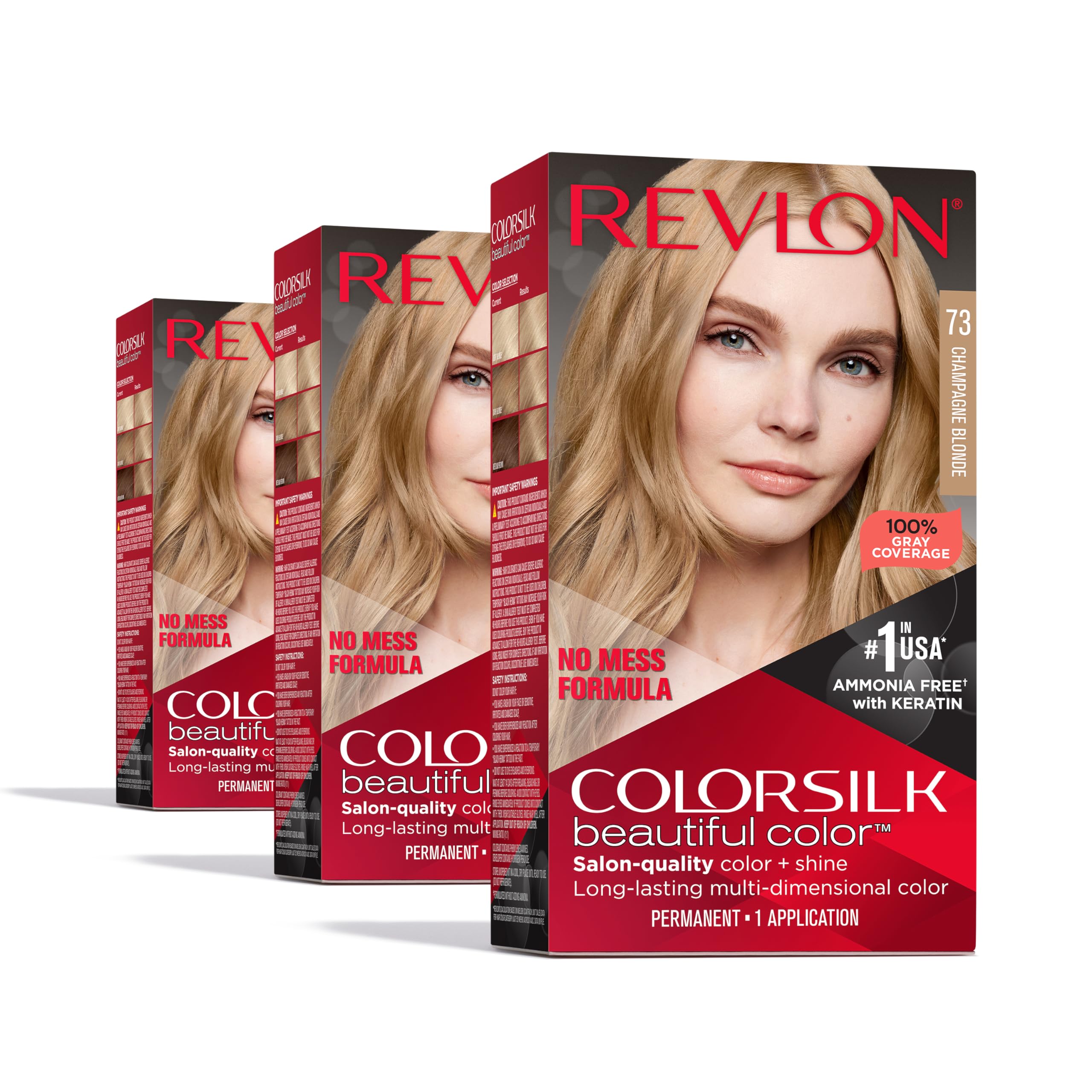 Revlon ColorSilk permanent hair color kit box shows salon-quality at-home color.