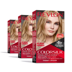 Revlon ColorSilk permanent hair color kit box shows salon-quality at-home color.