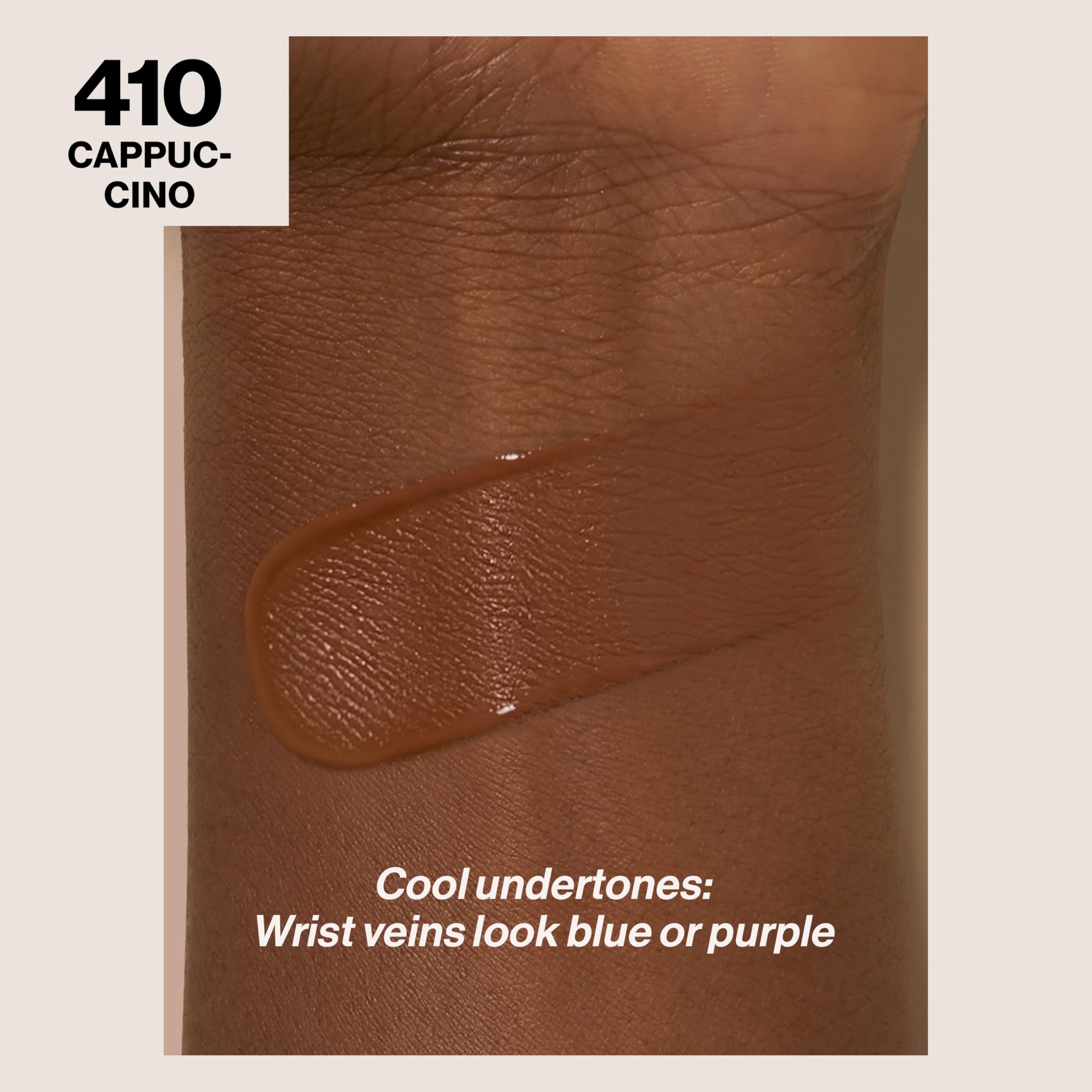 Revlon ColorStay foundation Cappuccino 410 dispensing pump shows travel-friendly application and dosing.