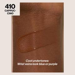 Revlon ColorStay foundation Cappuccino 410 dispensing pump shows travel-friendly application and dosing.